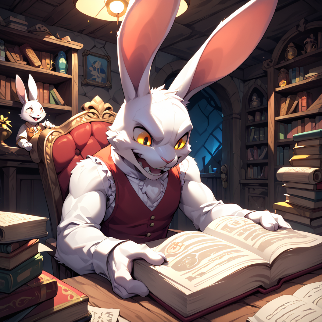 score_9, Score_8_up, Score_7_up, 6k, 8k, best quality, Furry, Anthro, DMCRabi, white male rabbit, yellow eyes, crazy rabbit, evil rabbit, fucking female, inside a private reading nook, a cozy armchair, dimly lit lamp, stacks of well-loved books, Calm and contemplative, , <lora:add-detail-xl:0.4> <lora:princess_xl_v2:0.4>  <lora:Expressive_H:0.4> <lora:DMCRabi:0.9>   <lora:IncaseLycoXL:0.6>