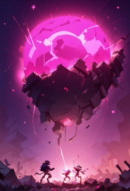 score_9, score_8_up, score_7_up, (((night time, pink lighting)), (dark airfield), giant mech, glowing eyes, (standing), (rubble, falling stars), (depth of field)