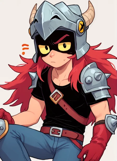 score_9, score_8_up, score_7_up, BREAK, <lora:bsdraco:1>bsdraco , 1boy, helmet, horns, black eyes , yellow sclera, red hair , long hair, black shirt, belt , jeans, helmet, solo ,long hair, arm armor, shoulder spikes , knee pads, red gloves, <lora:PossumMachine:1>posmach , confused, looking at viewer,
