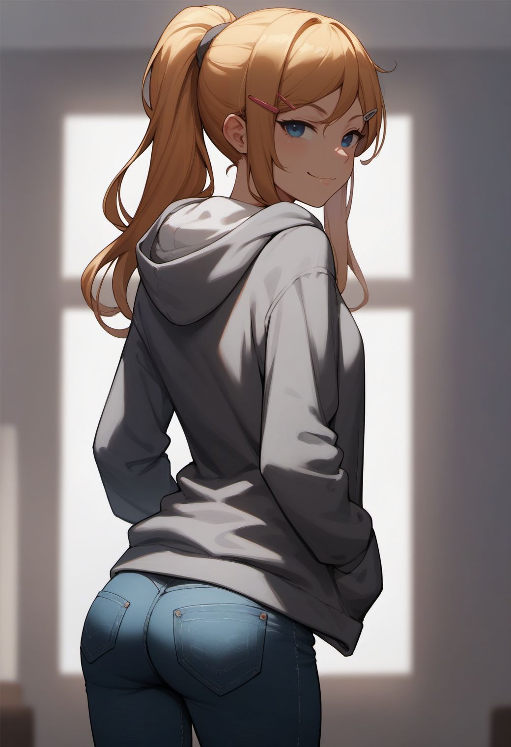 score_9, score_8_up, score_7_up, score_6_up,( sketch:0.8), flat color,
ha1ru, 1girl, solo, long hair, looking at viewer, smile, hair ornament, long sleeves, closed mouth, blue eyes, standing, ponytail, ass, hairclip, looking back, indoors, hood, clothes lift, from behind, blond hair, hoodie, hood down, smug, grey hoodie, jeans,
<lora:hairu_style_v1_final:0.7>,
 <lora:fix_hands:1.5>