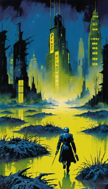 1930s pulp sci-fi cover art, highly stylized sci-fi digital acrylic painting of a Ephemeral cityin a Peat Bog, photoshop grunge brushes, neon yellow and dark blue-grey color scheme<lora:EnvySpeedPaintXL01v11:1>