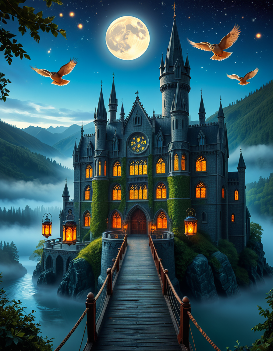 A majestic, ancient castle perched on a rocky hill, serving as a prestigious school for young wizards. The castle is a grand structure with towering spires, intricate gothic architecture, and large stained-glass windows that glow with magical energy. The stone walls are covered in ivy, and enchanted lanterns float around the entrance, casting a soft, mystical glow. A massive wooden bridge leads to the main gate, suspended over a misty, enchanted lake that reflects the moonlight. In the background, rolling green hills and dense, fog-covered forests surround the school, adding an air of mystery. The sky is a deep twilight blue, with stars twinkling and a full moon shining brightly. Some windows in the castle emit warm, golden light, hinting at classrooms filled with spellbooks and students practicing magic. A few owls are seen soaring above, delivering messages. The atmosphere is magical, mysterious, and full of wonder, as if the castle itself is alive with enchantments.
<lora:SDXLFaeTastic2400:0.4> <lora:extremely_detailed:0.4> extremely detailed, <lora:ancient_c4stl3:1>,ancient c4stl3, Masterpiece,best quality,hi res,8k,hi res,8k,award winning,(sharp focus, intricate, highly detailed),