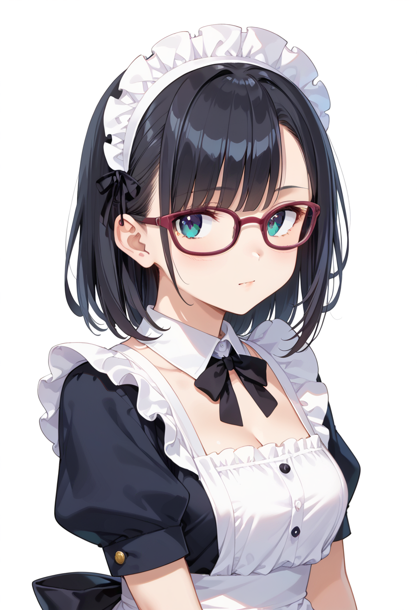score_9, score_8_up, score_7_up, rating_safe, masterpiece, best quality, absurdres, unity 8k wallpaper, official art, official style, source_anime, uncensored, game cg, megami magazine,
1girl, solo, black hair, medium hair, upper body, covered eyes,maid, maid headdress, black dress, maid apron, face focus,
oval_cell, glasses, still life, white background, simple background, red-framed eyewear,
 <lora:glasses_OvalCell2_PONY_V1:1>