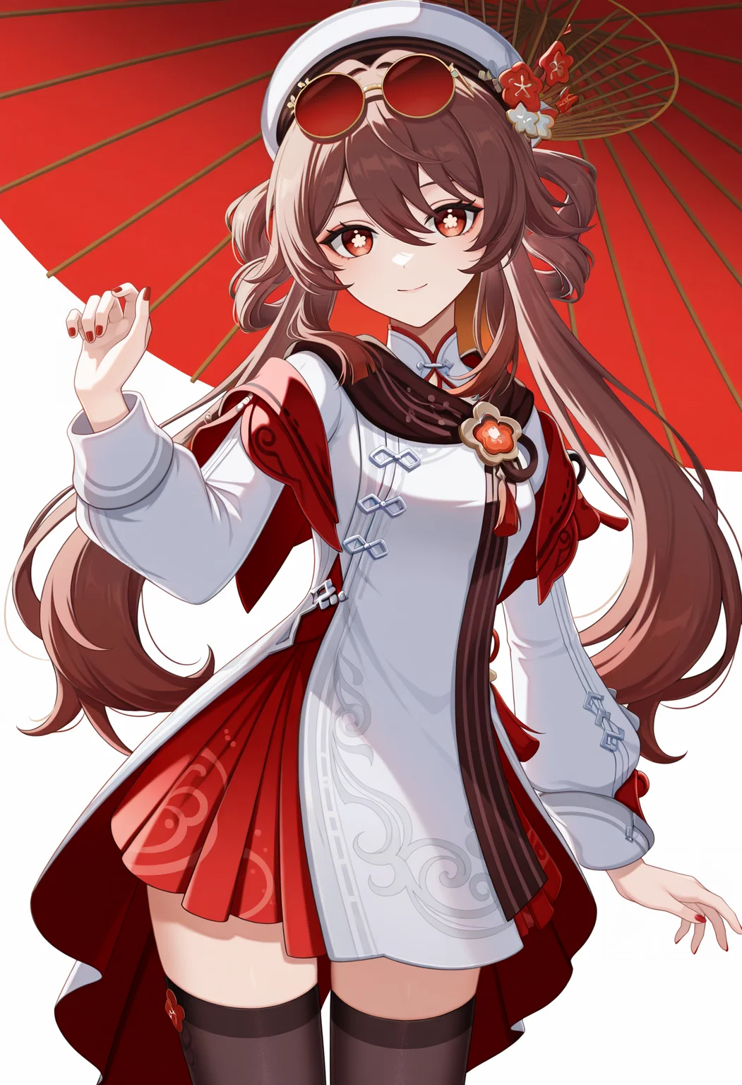 <lora:Hu Tao-New-clothes_illustrious-000026:1>,
HTNC \(genshin impact\),brown hair,flower-shaped pupils,eyewear on head,solo,white hat,simple background,long sleeves,red eyes,long hair,looking at viewer,closed mouth,twintails,smile,official alternate costume,red nail polish,red nails,black thighhighs,white dress,cowboy_shot,white_background