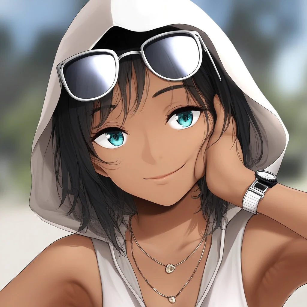 dark-skinned female, portrait, jewelry, armpits, blurry background, eyewear on head, watch, necklace, hood up, hand on own cheek