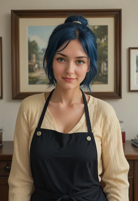 (8k, best quality, masterpiece:1.2), (realistic, photo-realistic:1.37), ultra-detailed, Score_9, Score_8_up, Score_7_up, masterpiece, best quality, highres, (depth of field:1.5), detailed face, (((full shot:1.5))), 1girl, woman, (ultra HD quality details), (japanese:1.2), ribbed sweater,collarbone,black apron,badge,pants,denim,iori rinko,blue hair,green eyes,mature female,ponytail, smile, undressing, cleavage, tits, bra
