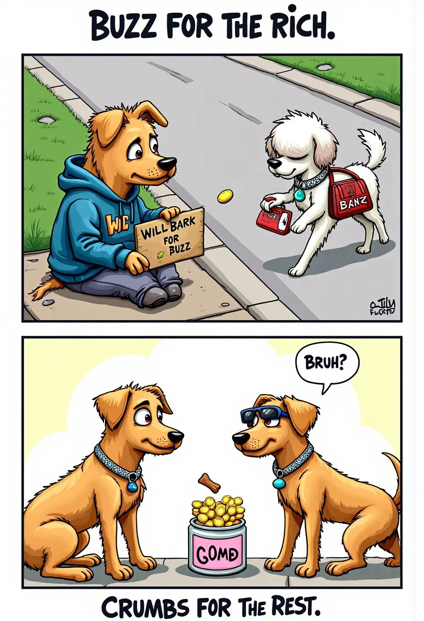 A two panel comic.
Panel 1:
A scruffy dog in a tattered hoodie sits on the sidewalk, holding a sign that reads: “Will bark for buzz.” His fur is messy, and he has a sad, droopy expression, with one paw holding out an empty buzz coin jar.
Walking past him is a snooty, overly pampered poodle in a diamond-studded collar and sunglasses, strutting confidently. The poodle has a little purse labeled “Buzz Bank” hanging from its neck, visibly filled with golden buzz coins that glint in the sunlight.
The scruffy dog looks up at the poodle with wide, hopeful eyes, saying:
“Spare some buzz, pal?”
Panel 2:
The poodle smirks arrogantly and tosses a single dog biscuit into the scruffy dog’s jar instead of a buzz coin. The scruffy dog stares at the biscuit with a deadpan expression, one eyebrow raised, as if to say, “Really?”
His speech bubble reads:
“Bruh.”
Underneath, bold meme text declares:
"Buzz for the rich, crumbs for the rest."
<lora:TextimproverV0.4:1>