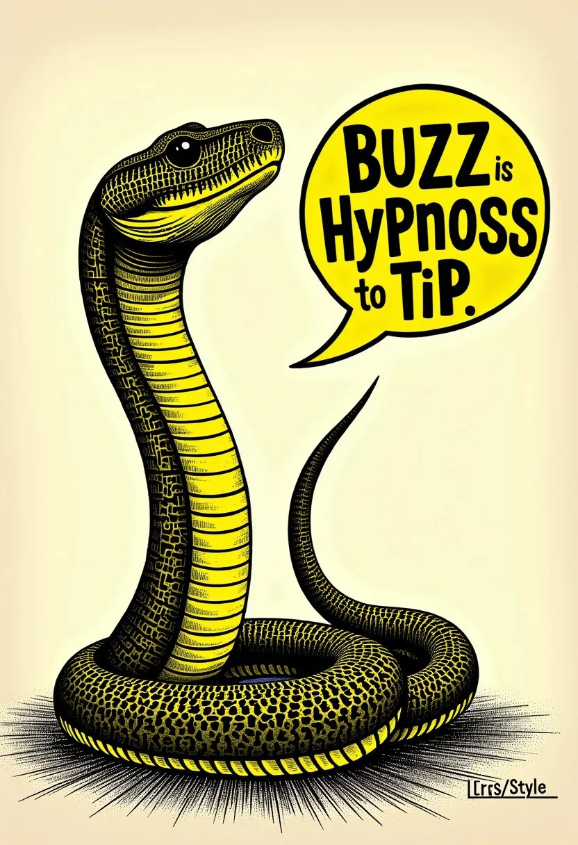 A hypnotic snake filled with text, in a speech bubble the snake says in big bold letters "This is hypnosis, tip buzz to me”. odd, funny theme, ltrsmCE_style
