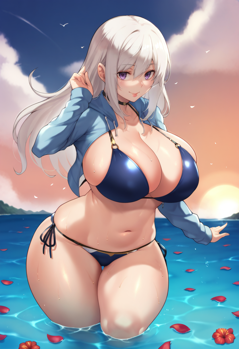 score_9, score_8_up, score_7_up, source_anime, 1girl,bikini,blue sky,cloud,cloudy sky,flower,long hair,long sleeves,looking at viewer,ocean,open clothes,partially submerged,petals,purple eyes,shiny skin,shirt,simple background,smile,stomach,swimsuit,water,white hair, huge breasts, thick thighs, wide hips <lora:Aster-Crowley-Style-PonyXL-Dora-final-000024:1>