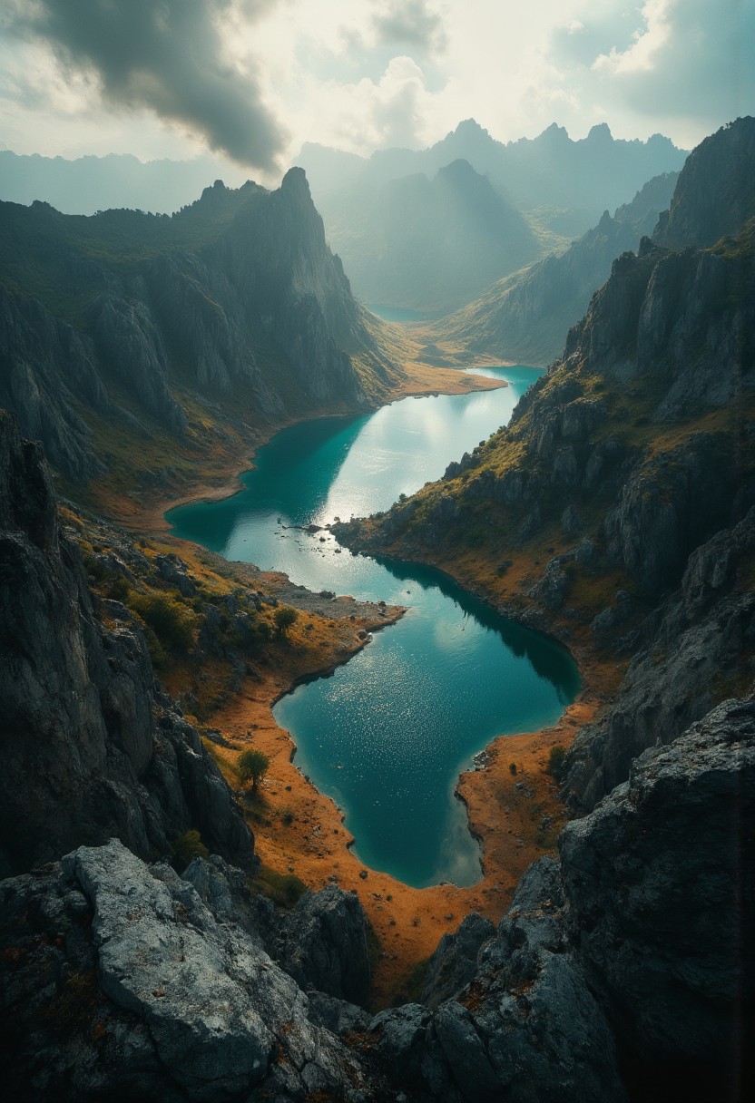 neo-expressionist aerial landscape photograph, volcanic textures, ethereal light play, moss-covered ridges merging with crystalline lakes, geological forces meeting atmospheric drama of red and grey sky --style ethereal