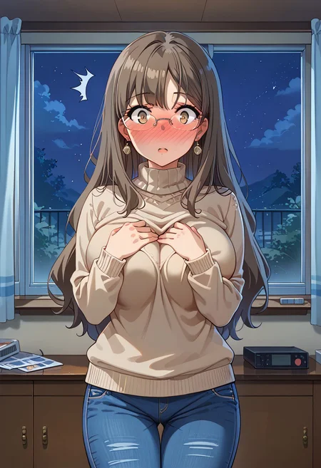 score_9, score_8_up, score_7_up, source_anime, masterpiece, best quality, high quality, highres, cinematic lighting, (solo, front view, closed up face, cowboy shot, bedroom, window, different angles), (Futaba_Rio, brown_eyes, grey_hair, long_hair, large_breasts, rimless_eyewear, simple sweater, brown sweater, blue pants, denim pants, rectangle earrings, covering chest with arms, detail hands, looking at viewer, surprised, embarrassed, standing, perfect anatomy, anatomically correct hands), (night, Expressiveh, full-face blush, vnbg, modern_bg)