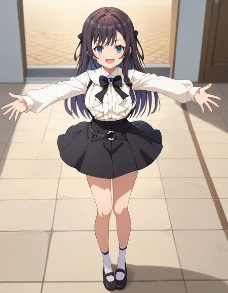 score_9, score_8_up, score_7_up, source_anime, BREAK
1girl, solo, looking at viewer, light smile, outstretched arms, full body, blurry background, from above, indoors, guild, open mouth,
long hair, multicolored hair, black hair, purple hair, swept bangs, black hair ribbon, single braid,
white blouse, suspenders, black bowtie, jewelry, center frills, long sleeves, black skirt, belt, o-ring, white socks, mary janes,
alina clover (girumasu),
<lora:alina_clover-girumasu_s1-pxl-anime-soralz:1>