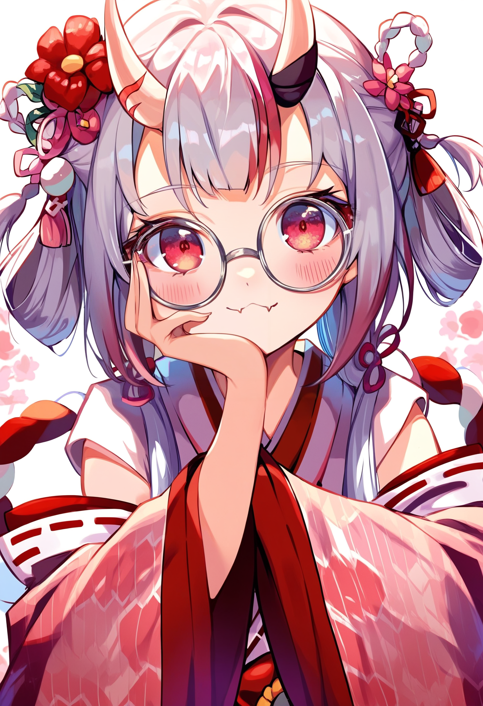 score_9, score_8_up, score_7_up, score_6_up, source anime,
nakiri ayame, nakiri ayame miko, 1girl, skin-covered horns, solo, hair ornament, glasses, flower, japanese clothes, hair flower, looking at viewer, kimono, smile, upper body, grey-framed eyewear, fang, adjusting eyewear, bespectacled, yagasuri, ribbon trim, blush, closed mouth, ribbon-trimmed sleeves, detached sleeves, wide sleeves, red flower, skin fang, long sleeves, round eyewear, oni
<lora:nakiri_ayame_v1:1>