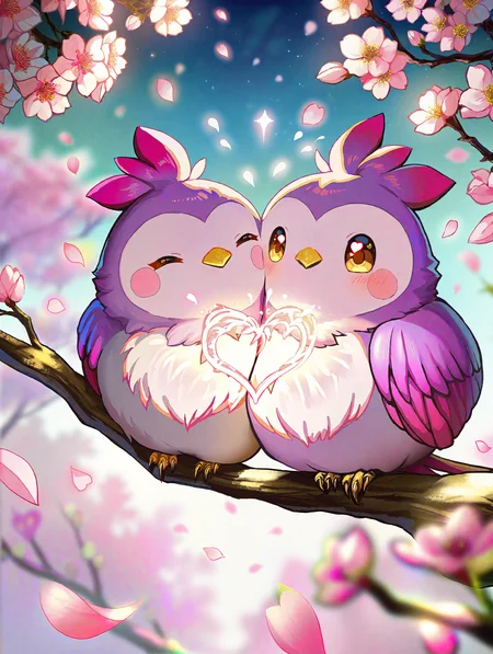 Two adorable purple birds perched on a blooming branch under a dreamy, moonlit night. The birds have large, expressive eyes with gentle blush on their cheeks, sitting close to each other, exuding warmth and companionship. Surround them with delicate glowing flowers and soft petals, resembling sakura blossoms. Heart-shaped purple bokeh lights float around, illuminating the tranquil scene with a romantic and magical ambiance. pastel colors, falling petals, no humans, heart,  depth of field,
[achyue:0.4],[(momoko \momopoco\:0.8)::0.3], [torino aqua::0.5], kiniro tofu, [junpaku karen:0.5],[(leveen:0.7):0.6], sencha bashira, [takashia \(akimototakashia\):0.7],  (masaki nanaya:0.7),  nagi itsuki, [aoi sakura \(seak5545\):0.5],
masterpiece, best quality, very aesthetic, high quality, newest, very awa, crisp, detailed skin texture,
<lora:NOOB_vp1_detailer_by_volnovik_v1:1>, <lora:ponyv6_noobV1_2_adamW:0.7>,