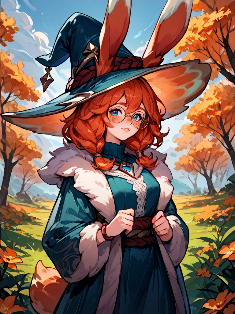 score_9, score_8_up, score_7_up, <lora:Aurora:1>, aurora (league of legends), 1girl, solo, blue eyes, rabbit tail, rabbit ears, freckles, alternate costume, fur trim, witch hat, jewelry, ears through headwear, outdoors, round eyewear