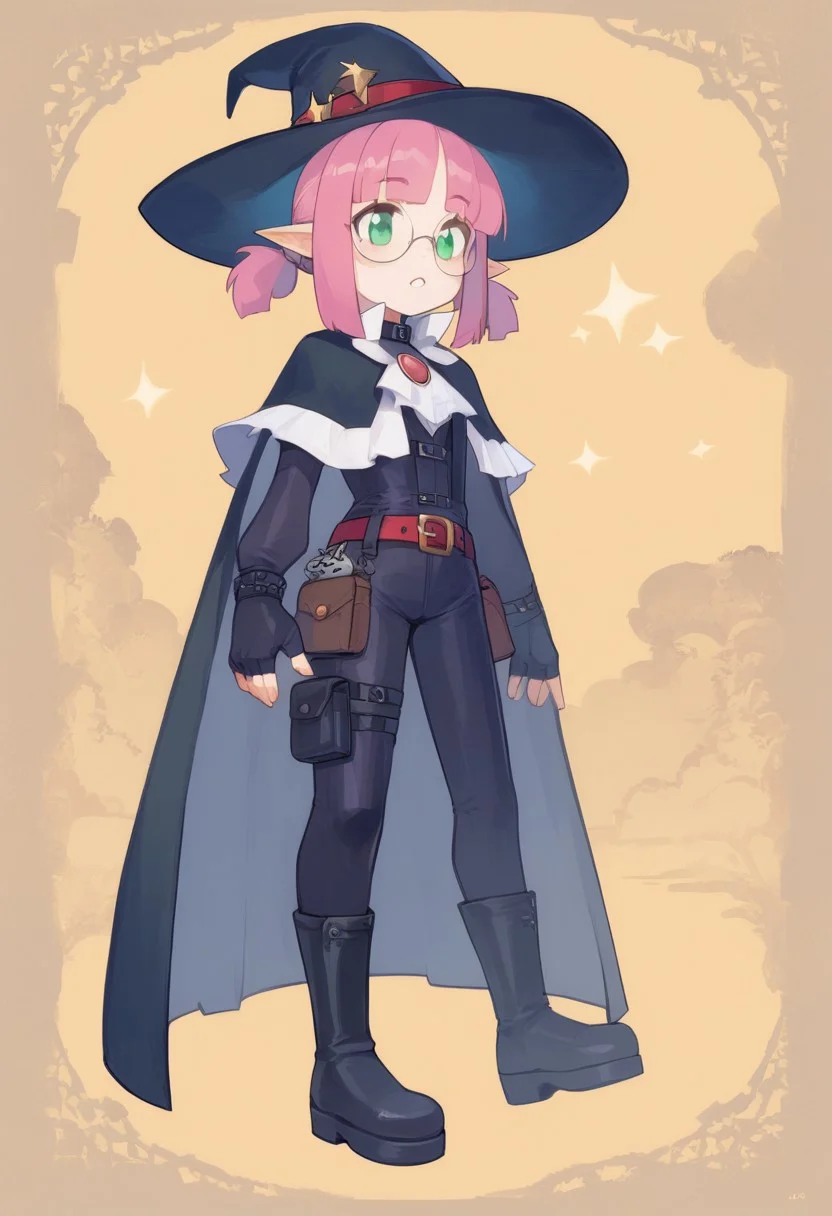 score_9, score_8_up, score_7_up, score_6_up, score_5_up, ARKNIGHTS NOBODY, Full Body, 1girl, solo, ((pink hair), very short hair, short twin low ponytails, twin low ponytails), elf ears, round glasses, green eyes, young girl, slim build, exposed legs, light skin, mage outfit, purple witch hat, dark violet corset, ((bodysuit, fingerless gloves, purple accents in outfit)), purple low boots, leather mid-calf boots, feathered collar, belt with pouches, belt with buckles, witch hat, vest, red belt, purple boots, short boots, center opening, thigh strap, pouches, necklace, pendant, chest harness, tattered cape, cape with tattered edges, witchxl,