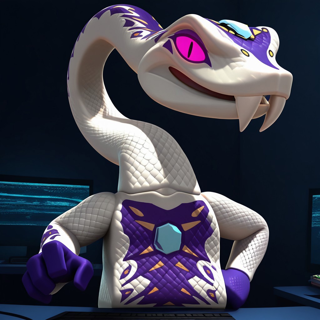 Pythor_P_Chumsworth_Bleached, serpentine, snake, snake tail, long tail, no legs, apode, white scales, light blue gem on head, light blue gem on chest, long neck, purple and yellow body markings, intricate body markings, head markings, belly markings, tail markings, pointed teeth, 2 large fangs, glowing eyes, hot pink sclera, black pupils, purple eyeshadow, purple hands, fangs, solo, male, 1boy, no humans, 3D, volumetric lighting, perfect lighting, detailed scales, shiny scales, masterpiece, best quality, amazing quality, very aesthetic, absurdres, newest, high quality, hand on hip, unamused, half lidded eyes, annoyed, looking at viewer, evil lair, futuristic lair, computer room, extremely lighting, close up, bust, photo, posing