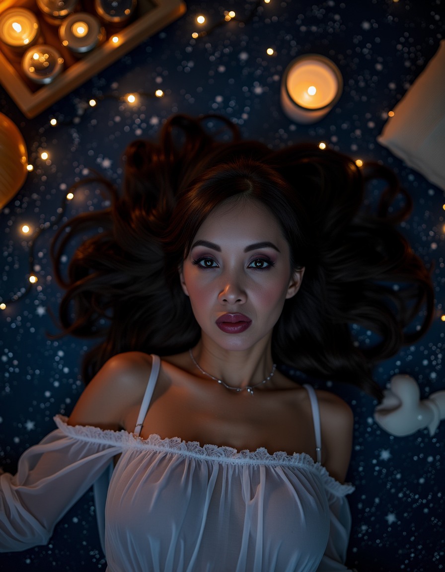 A woman lies on a starry night sky in a room filled with twinkling lights and celestial artifacts. Her face is illuminated by the soft glow of the stars, as if she's connected to the universe itself. The camera captures her from directly above, emphasizing her ethereal beauty.
Room details: Starry night sky, twinkling lights, celestial artifacts