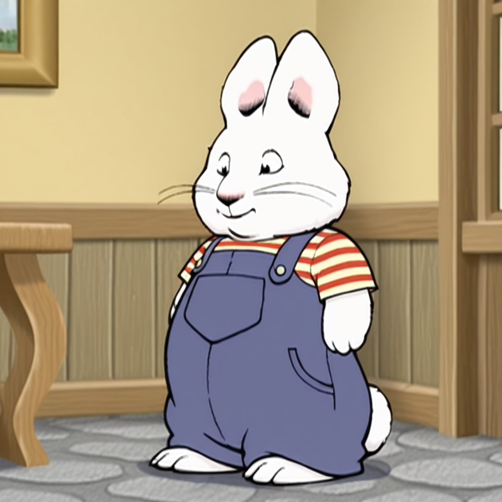 masterpiece, best quality, amazing quality, maxm&ril, semi-anthro, male rabbit, white fur, long whiskers, black eyes, red and white striped shirt, blue overalls, standing, inside, solo, full body, <lora:4df6b175-094b-4b83-a12f-5aeee1edd813:1.0>