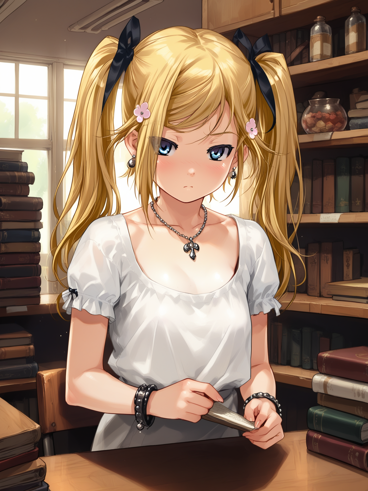(cowboy shot, solo focus:1.2) <lora:happy_tentacle-mafuyu-v0.2-000030:1>, ht_mafuyu, blonde hair, twintails, hair flower (petite:1.2), <lora:Shed_The_Skin's StS_age_slider_v1_initial_release:-1.75> ( :1.1) jewelry, necklace, earrings, bracelet (sagging breasts:1.2) ( , , ( :1.2) , (wavy mouth:0.8) , (looking at viewer:0.6) :1) , indoors, ((day :0.6), :0.8), ( window :0.9), (furniture:0.9), , , , , (gothic architecture :0.9), shop , (bookstore :1.2), shelf ( :0.8) score_9, score_8_up, score_7_up, score_6_up, score_5_up, score_4_up, ( [(realistic, photorealistic:1.3):(realistic:1.2):16] [(3d:1.2)::14] :1) <lora:LUUNA's Lunas-NijiJourney-SDXL-B2:0.35>, nijijourney <lora:prgfrg23's Counterfeit-V3.0 Style SDXL_LoRA_Pony Diffusion V6 XL:0.5> <lora:mfcg's mfcgXL:0.12> <lora:reweik's gyokai(himehajime)_PonyXL_style_v01:0.14>