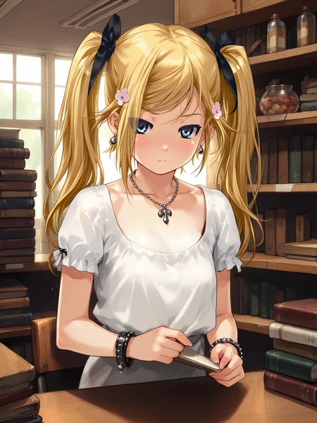 (cowboy shot, solo focus:1.2) <lora:happy_tentacle-mafuyu-v0.2-000030:1>, ht_mafuyu, blonde hair, twintails, hair flower (petite:1.2), <lora:Shed_The_Skin's StS_age_slider_v1_initial_release:-1.75> ( :1.1) jewelry, necklace, earrings, bracelet (sagging breasts:1.2) ( , , ( :1.2) , (wavy mouth:0.8) , (looking at viewer:0.6) :1) , indoors, ((day :0.6), :0.8), ( window :0.9), (furniture:0.9), , , , , (gothic architecture :0.9), shop , (bookstore :1.2), shelf ( :0.8) score_9, score_8_up, score_7_up, score_6_up, score_5_up, score_4_up, ( [(realistic, photorealistic:1.3):(realistic:1.2):16] [(3d:1.2)::14] :1) <lora:LUUNA's Lunas-NijiJourney-SDXL-B2:0.35>, nijijourney <lora:prgfrg23's Counterfeit-V3.0 Style SDXL_LoRA_Pony Diffusion V6 XL:0.5> <lora:mfcg's mfcgXL:0.12> <lora:reweik's gyokai(himehajime)_PonyXL_style_v01:0.14>