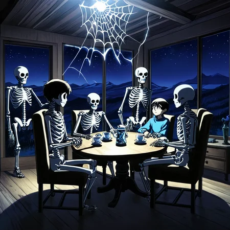 anime artwork of <lora:perfection style:0.5> <lora:detailed:0.5> perfection detailed
<lora:The Shining film style:0.9> In cartoon
In the 1980's in the Colorado Rocky Mountains a group of skeleton people sitting around a table in a living room full of spider web at night with perfect moonlight on,short hair,shirt,long sleeves,holding,sitting,jacket,monochrome,flower,multiple boys,indoors,cup,glowing,chair,table,couch,drinking glass,6+boys,blue theme,glass,ribs,skeleton , cinematic, film, kodak, The Shining film style, anime style, key visual, vibrant, studio anime, highly detailed