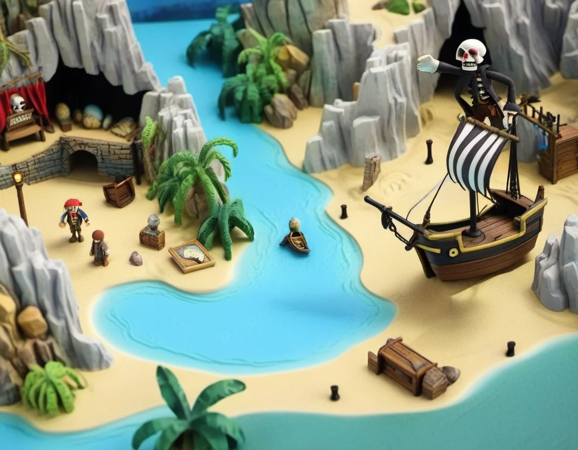 clay, Pirate Cove: Swashbuckling, salty sea, hidden treasures, creaking ships, parrot companions, buried maps. <lora:CLAYMATE_0.3_:0.7>