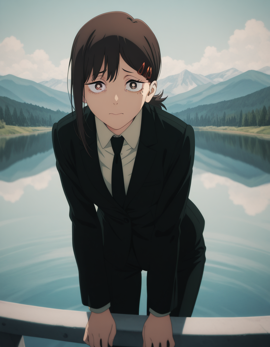 masterpiece, best quality, amazing quality,, <lora:kobeni-higashiyama-s1-illustriousxl-lora-nochekaiser:1>, kobeni higashiyama, higashiyama kobeni, black hair, hair ornament, hairclip, mole, mole under eye, ponytail, short hair, brown eyes, mature female, small breasts, anime screencap, black necktie, black pants, business suit, formal, long sleeves, necktie, pants, suit,, leaning forward,, lake, water, reflection, mountains, calm, cowboy shot, solo, looking at viewer