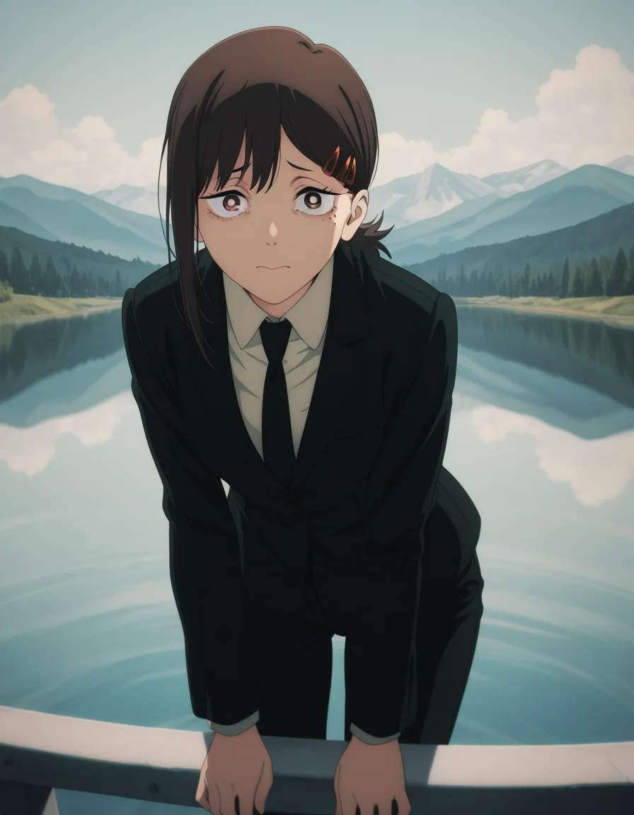 masterpiece, best quality, amazing quality,, <lora:kobeni-higashiyama-s1-illustriousxl-lora-nochekaiser:1>, kobeni higashiyama, higashiyama kobeni, black hair, hair ornament, hairclip, mole, mole under eye, ponytail, short hair, brown eyes, mature female, small breasts, anime screencap, black necktie, black pants, business suit, formal, long sleeves, necktie, pants, suit,, leaning forward,, lake, water, reflection, mountains, calm, cowboy shot, solo, looking at viewer