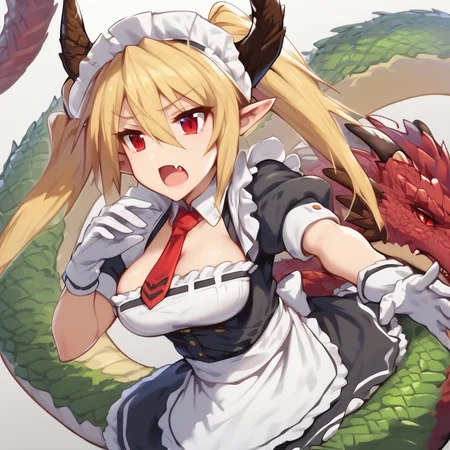 Bastion Style Mix 1, dragon tail, tail, maid headdress, horns, 1girl, white gloves, long hair, red eyes, gloves, dragon horns, maid, necktie, blonde hair, pointy ears, twintails, short sleeves, open mouth, fang, hair between eyes, breasts