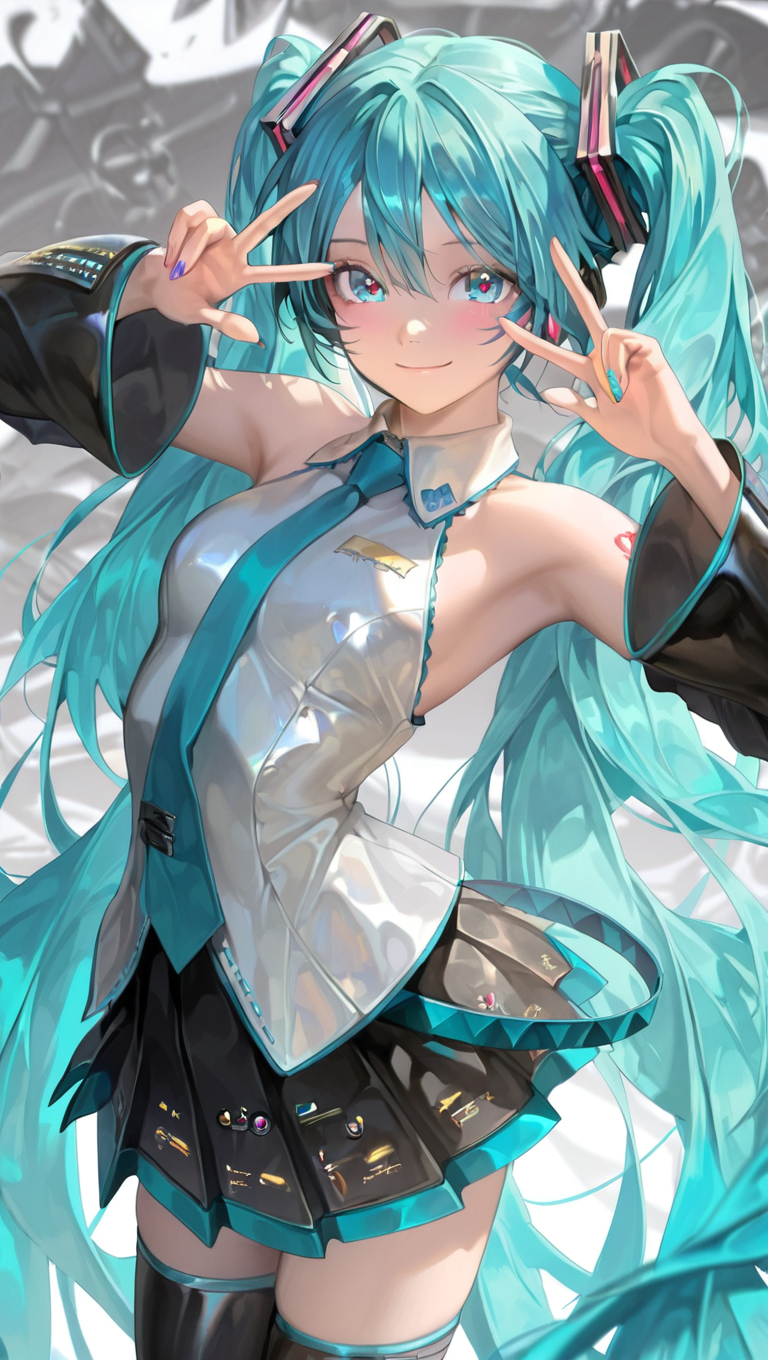 1girl, aqua nails, bare shoulders, black skirt, black sleeves, blue eyes, blue hair, blue nails, blue necktie, blurry, closed mouth, depth of field, detached sleeves, double v, double w, fingernails, hair ornament, hatsune miku, long hair, looking at viewer, multicolored nails, nail polish, necktie, purple nails, shirt, skirt, sleeveless, sleeveless shirt, smile, solo, thighhighs, twintails, v, very long hair, w <lora:Aetheris :1>