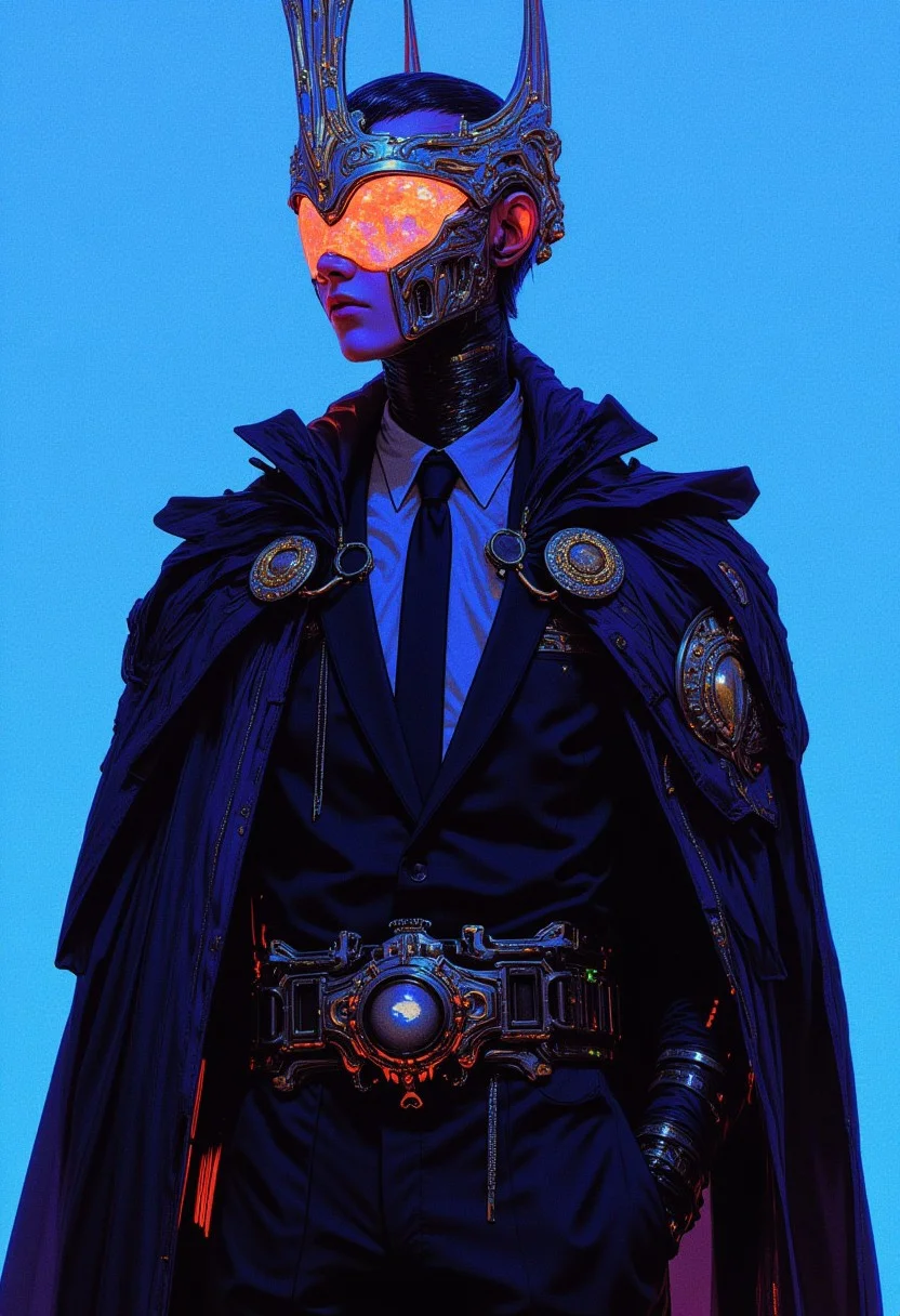 Hyper-realistic, futuristic illustration of a man in a sleek, urban suit with a metallic, chrome-inspired aesthetic. He wears a fitted suit jacket, tie, and shirt, paired with sharply tailored trousers, each garment subtly infused with futuristic details. A gadget-clad belt around his waist is covered in small, high-tech devices that glimmer faintly, adding to the suit’s cutting-edge design. Atop his head sits a surreal chrome crown with elongated, glossy elements and a shimmering, subtle iridescence that catches the light, adding a surreal, regal aura to his otherwise modern look. His skin is pale and flawless, providing a striking contrast against a neon blue background with a gentle, neon purple tint highlighting the edges of his face and body, enhancing his ethereal presence. He wears a surreal piece of eyewear reminiscent of Cyclops' visor from X-Men: a sleek, wraparound visor with a translucent band stretching across his eyes, emitting a soft, red-orange glow along its edges. The eyewear’s band is edged in polished chrome with micro-etched details that reflect light, while its lens has a reflective, liquid-like surface with faint holographic patterns shifting under the light. The visor’s center band appears to faintly pulse with energy, enhancing his calm, enigmatic stance. The combination of high-tech attire and surreal design elements creates a strikingly futuristic yet otherworldly figure.