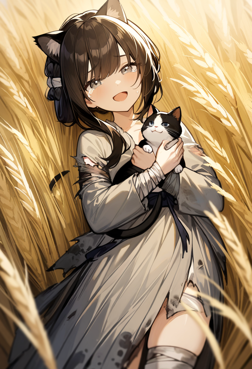 1girl,michiho,solo,
grey eyes, black hair,standing,cat ears, 
grey dress,long sleeves, bandages,torn clothes,hair ornament, bandaged leg,
on back,lying,holding cat, 
happy,open mouth, happy tears, 
Mature wheat field,Yellow Theme,
masterpiece, best quality, very aesthetic, absurdres,
<lora:michiho-000006:0.8>
