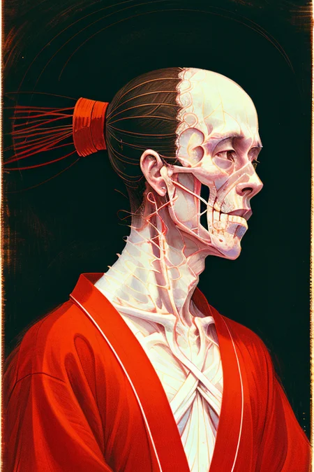 a portrait of a man sad in a red kimono