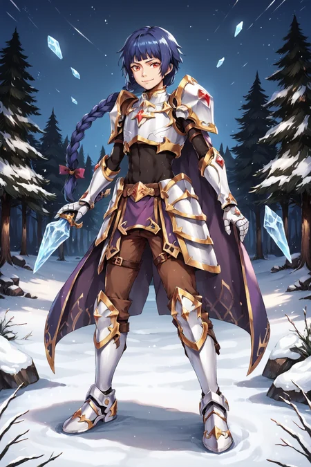 score_9, score_8_up, score_7_up, source anime, BREAK, <lora:Claire__Colt:0.75>, Cbase, Cdef, red eyes, 1boy, blue hair, long hair, low-tied long hair, low-braided long hair, single braid, braided ponytail, braid, armor, breastplate, bodysuit under clothes, black bodysuit, brown pants, faulds, midriff, shoulder armor, short cape, purple cape, gauntlets, armored shoes, boots, smile, looking at viewer, (full body), <lora:m4gXLP:0.5> , m4g, (solo), outdoors, exterior, (night), cosmos, stars, forest, ice, winter, scenery, <lora:backgroundsetXL:0.2> , background,