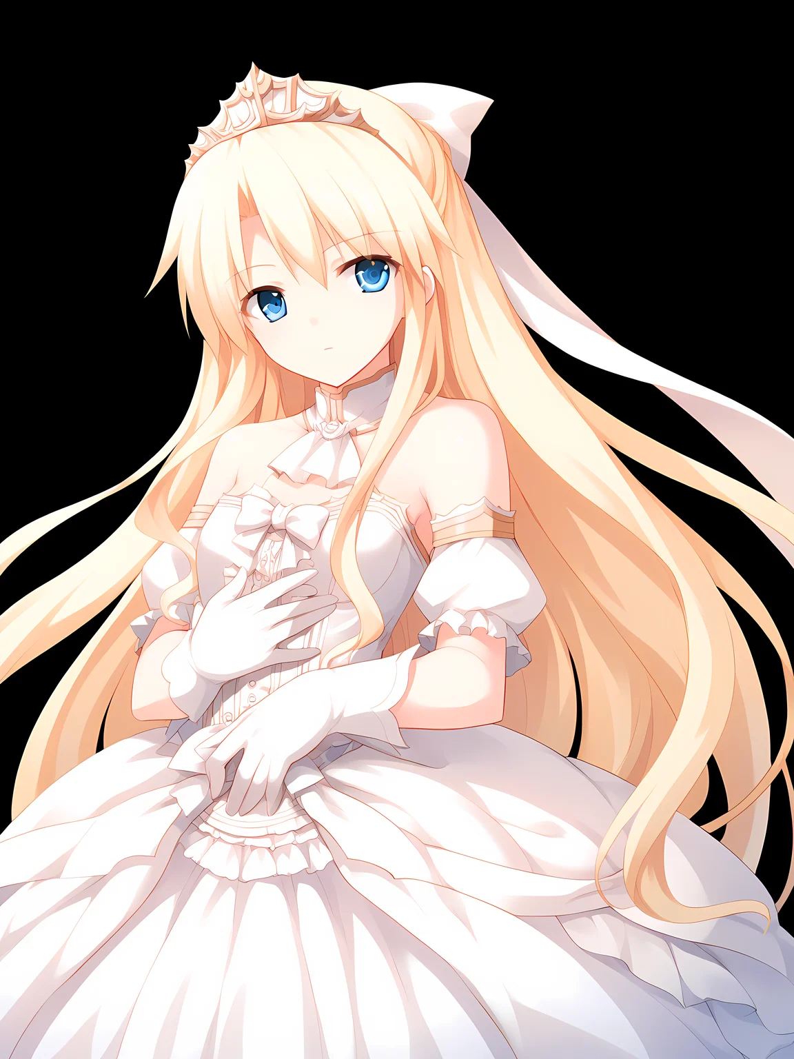 eushully,margireta,1girl,solo,long hair,dress,blue eyes,gloves,blonde hair,very long hair,black background,simple background,bow,bare shoulders,white gloves,tiara,hair ribbon,
<lora:Madou_Koukaku_-_Eushully:1>,, score_9, score_8_up, score_7_up,source_anime,(masterpiece),(best quality),(ultra-detailed),(best illustration),(best shadow),(absurdres),(detailed background),(very aesthetic),source_anime