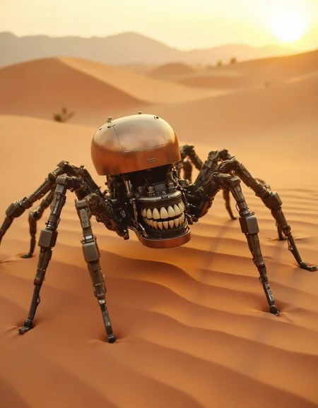 A massive robotic spider crawls across an endless desert, its copper body glinting in the orange glow of a setting sun. Its eight legs, spindly and segmented, leave deep trails in the sand as it moves. When it opens its metallic mandibles, a row of ral-rbotth is revealed, disturbingly human in appearance, with slight ridges and faint discoloration. The chilling realism of the teeth against the backdrop of desolate dunes makes the spider feel grotesquely out of place in the arid expanse.
<lora:ral-rbotth-flux_000003000:1>