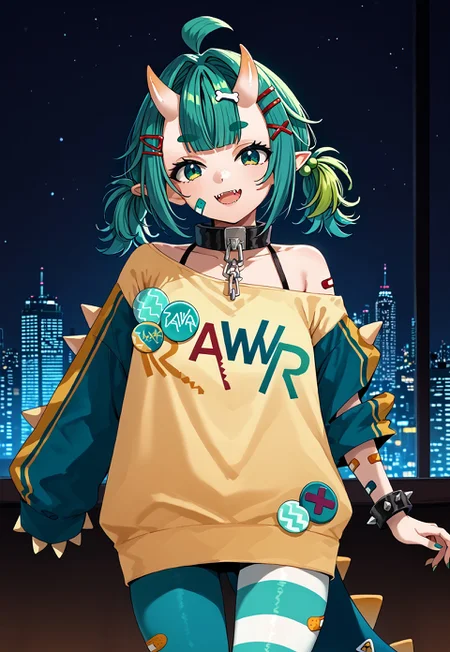 1girl, solo, solo focus, highres, absurdres, ChioChompi, green hair, hair ornament, ahoge, bandaid on face, pointy ears, hairclip, green eyes, oni horns, twintails, bangs, multicolored hair, thick eyebrows, x hair ornament,
collar, off shoulder, spiked collar, yellow shirt, chain, spiked bracelet, asymmetrical legwear, mismatched legwear, pantyhose, off-shoulder shirt, sleeves past wrists, striped,
looking at viewer, head tilt, smile, open mouth,
cityscape, neon lights,, night, night sky, backlighting, silhouette,