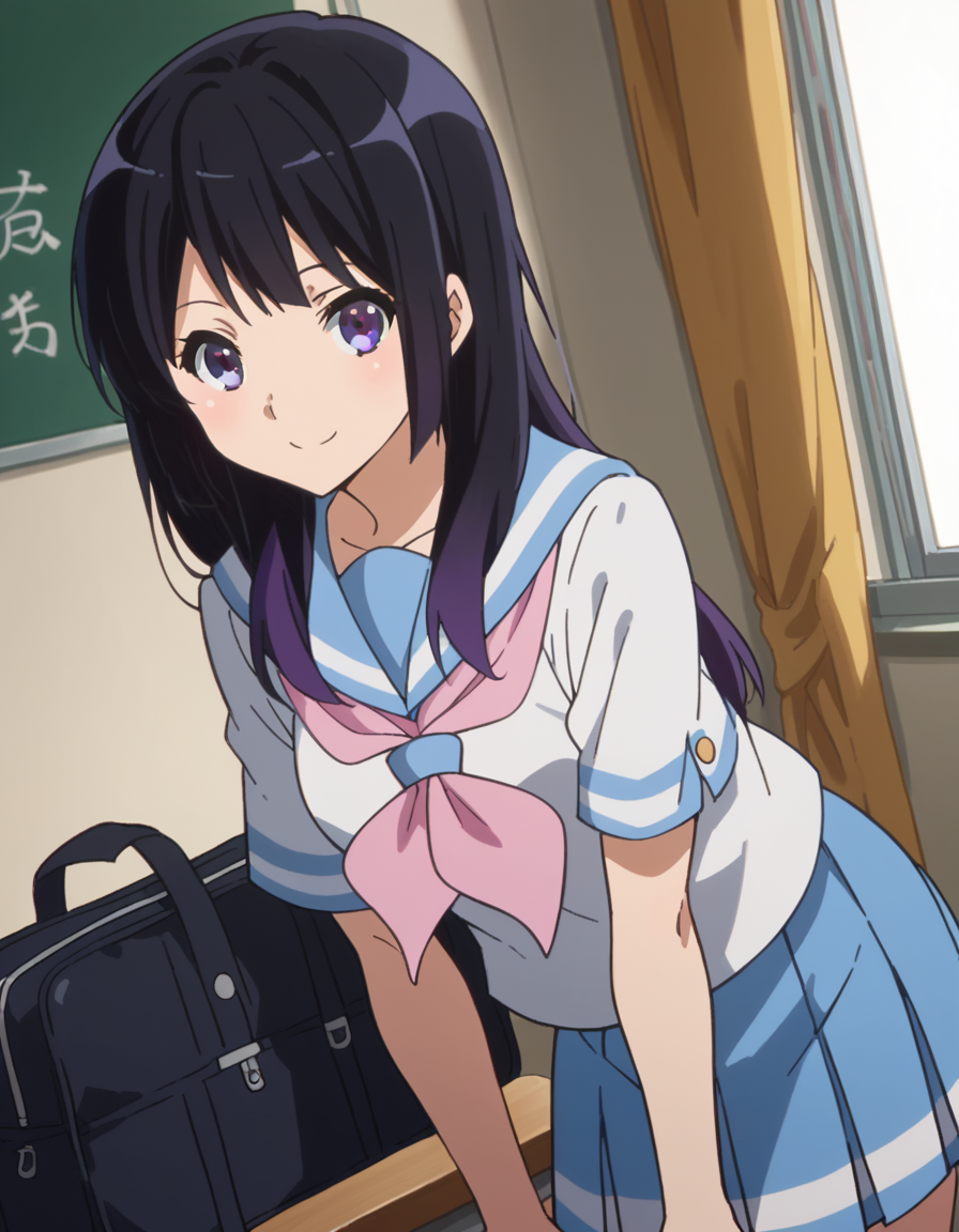 score_9, score_8_up, score_7_up, source_anime,
reinakousaka, <lora:reina-kousaka-ponyxl-lora-nochekaiser:1>,
reina kousaka, long hair, bangs, black hair, purple eyes,
skirt, shirt, school uniform, white shirt, short sleeves, pleated skirt, serafuku, sailor collar, blue skirt, neckerchief, blue sailor collar, school bag, pink neckerchief, kitauji high school uniform,
indoors, classroom, bent over, smile,
looking at viewer, cowboy shot, dutch angle,