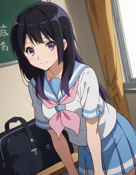 score_9, score_8_up, score_7_up, source_anime,
reinakousaka, <lora:reina-kousaka-ponyxl-lora-nochekaiser:1>,
reina kousaka, long hair, bangs, black hair, purple eyes,
skirt, shirt, school uniform, white shirt, short sleeves, pleated skirt, serafuku, sailor collar, blue skirt, neckerchief, blue sailor collar, school bag, pink neckerchief, kitauji high school uniform,
indoors, classroom, bent over, smile,
looking at viewer, cowboy shot, dutch angle,