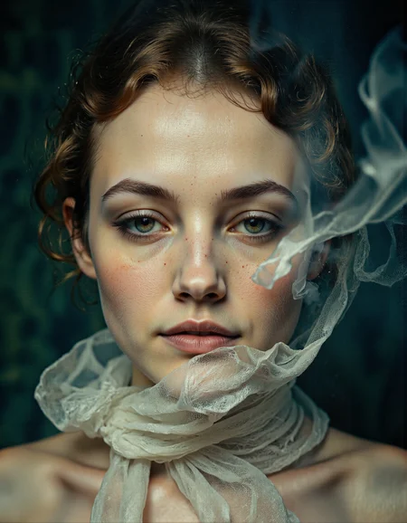 UHD, 8K, ultra detailed, a cinematic photograph of Rembrandt style glaring, This is a digitally manipulated photograph featuring a close-up of a young woman's face. The image is a blend of multiple exposures, resulting in a surreal and ethereal effect. The woman has fair skin and wavy, light brown hair that is partially obscured by the overlapping layers of images. Her expression is serious, with her lips slightly parted and her eyes looking directly into the camera with a contemplative gaze. She wears a white, sheer fabric draped around her neck, adding a delicate, almost ghostly quality to her attire., 
The background is a deep, dark blue that transitions into a lighter, greenish hue towards the top of the image, creating a dramatic contrast. The texture of the background is grainy and textured, giving it a vintage or aged appearance. There is a sense of depth and movement in the image, as if the woman is emerging from a fog or mist, with her face partially obscured by the layers. The overall style is reminiscent of a dreamy, surrealistic painting, blending elements of art and photography. The image evokes a sense of mystery and introspection, with the young woman's face serving as the focal point amidst the abstract, layered background., <lora:nastassia:1> . Baroque, chiaroscuro, realistic, emotional, "flat lighting, beautiful lighting, great composition