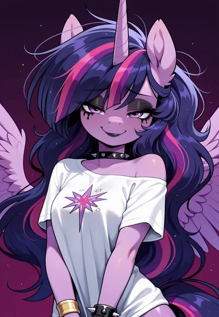 masterpiece, best quality, amazing quality, very aesthetic, absurdres, newest, solo. pony, mare, princess twilight 2, horn, wings, purple eyes, dark purple hair, long hair,  spread_wings, simple_background, braclet_on_hoof, bracelet with spikes, wearing_t-shirt, t-shirt_folds, hair color stripes, black_color_stripes, messy_hair, black_lipstick, hoof_near_face, black_makeup, anthro, bare shoulder shirt, close_up, smug_face