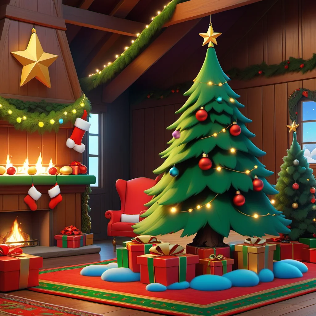 hat,indoors,star \(symbol\),no humans,box,christmas,gift,wooden floor,gift box,christmas tree,christmas ornaments,rug,wooden wall,christmas lights,fireplace,<lora:Christmas tree_XSE_V1-000010:1.2>,in the style of temmie chang,in the style of realistic and hyper-detailed renderings,strong diagonals,colorful illustrations,2D game art,black outline,3D rendering,4k resolution,best Quality,