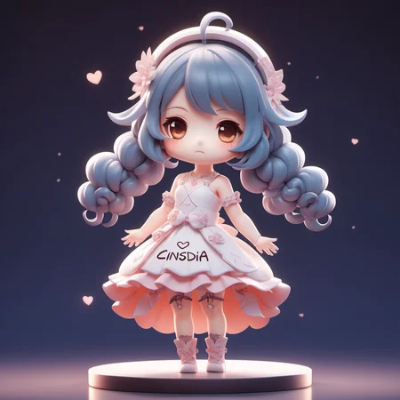 <lora:Designer_BlindBox-000015:0.5>A chibi girl wears a dress with Cinsdia written on it