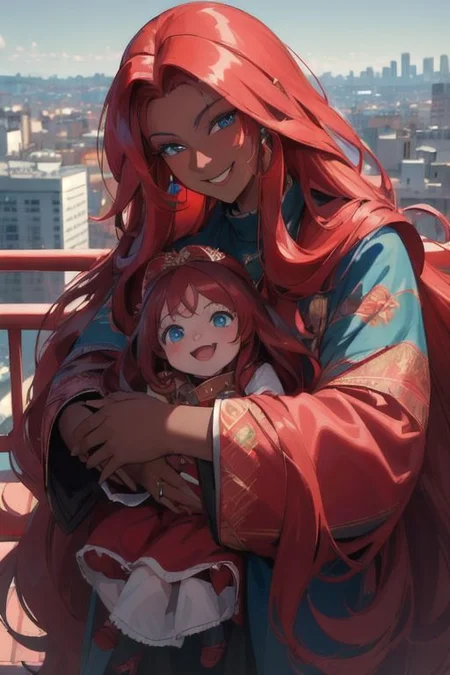 (masterpiece, best quality:1.4), (ultra realistic:1.4), (8k uhd, very high quality:1.4), (extremely detailed face:1.4), (dark skin mother holding her female toddler:1.4), (absurdly long ruby red hair:1.4), (smiling and happy:1.4), (bright blue eyes:1.4), (city background:1.4)