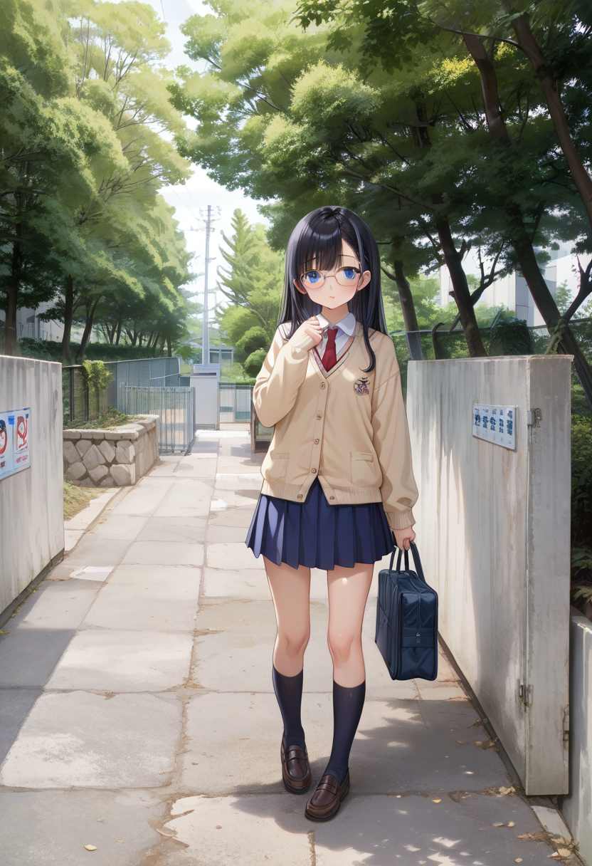 score_9, score_8_up, score_7_up, rating_safe, masterpiece, best quality, absurdres, unity 8k wallpaper, official art, official style, source_anime, uncensored, game cg, megami magazine,
1girl, solo, glasses, black hair, long hair, blue eyes, collared shirt, red necktie, pleated skirt, blue skirt, cardigan, looking at viewer, blush, school bag, 
school gate, tree, scenery, outdoors, fence, day, sign, building, real world location
 <lora:schoolgate_PONY_V1:1>