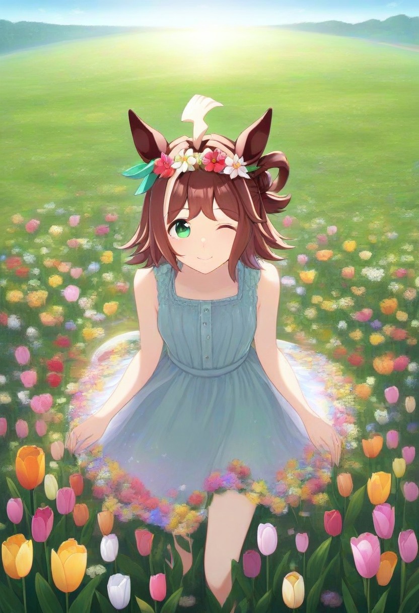 Tulip flower hair_ornament, (umamusume, rhein_kraft_(umamusume), horse_ears, horse_girl, tail, 1girl, ahoge, animal_ears,)
casual, field, flower, flower_field, green_eyes, hair_between_eyes,
head_wreath, looking_at_viewer,  solo, aesthetic, absurdres, symmetric ,spiralling vortex made of multicoloured tulips, lush foliage sunrise,  ripples, reflective, jaynl-tm, rainbow, , g0ldsw0rthy,
(realistic, photo,  artistic, medium_hair, one_eye_closed, petals, relaxing, smile,  : 0.7)