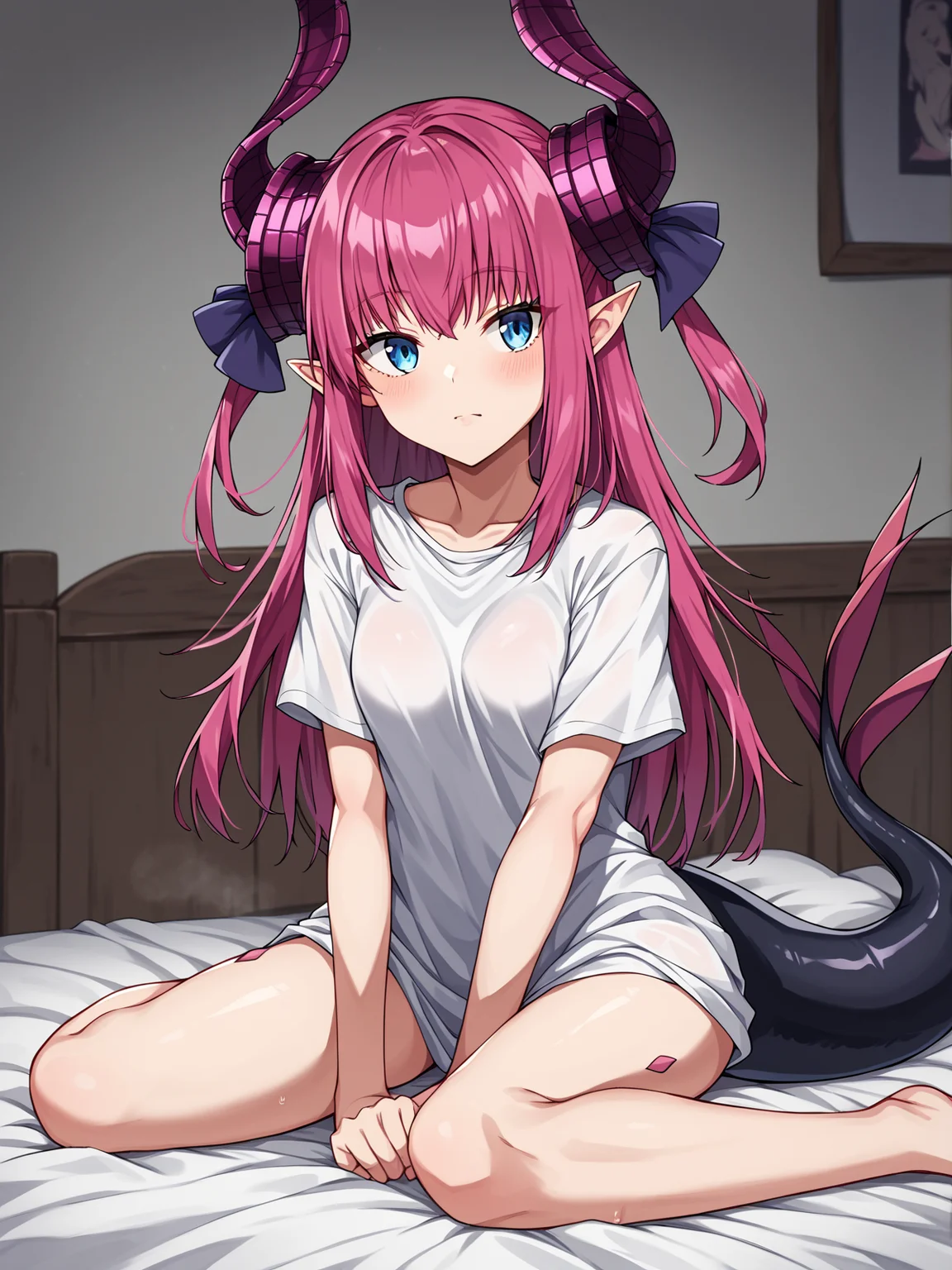 score_9, score_8_up, score_7_up, score_6_up, score_5_up, score_4_up, best quality, high quality, source_anime, rating_safe, anime screencap
BREAK
dsliz, pink hair, long hair, two side up, pointy ears, curled horns, blue eyes, dragon tail, white t-shirt, oversized shirt, small breasts, 1girl, solo
BREAK
sitting, bedroom, messy room, detailed background
<lora:dsliz_pd6:1>