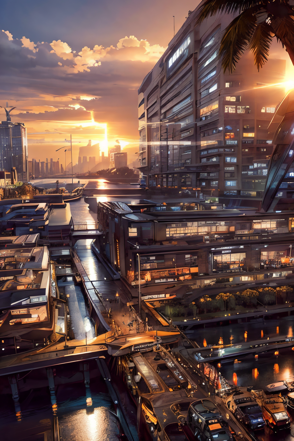 (Realistic:1.5) EdobSyFyCityLandscape, jacket, city lights, people, tree, dock, tree, jacket, airplane, sunset, truck, <lora:EdobSyFyCityLandscape_v1.0:0.8>