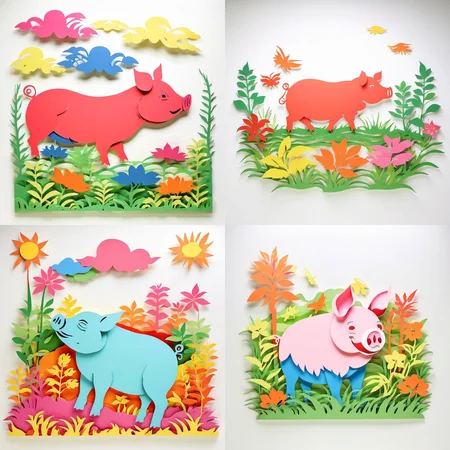 paper-cut,an image of colorful pig,grass,white background<lora:paper-cut:1>,